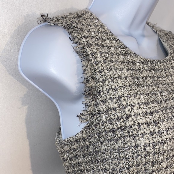 J. Crew Metallic and White Knit Tweed Fringe Velvet Trim Sheath Dress size 10p - Picture 9 of 16